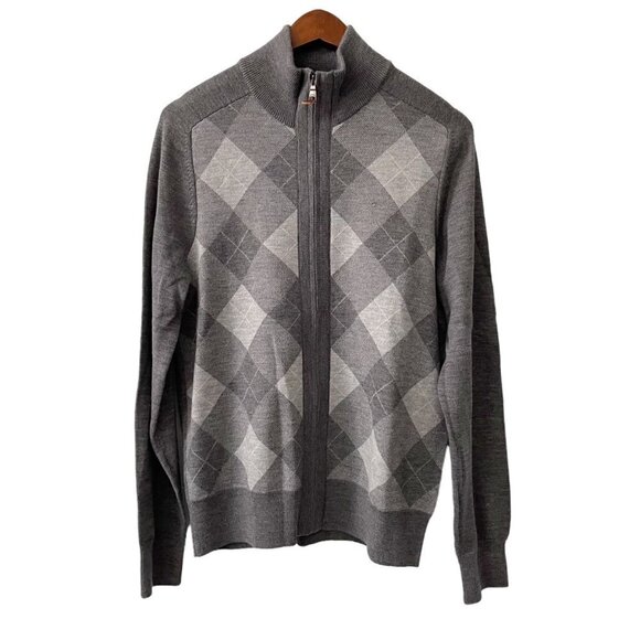 Banana Republic Gray 100% Wool Argyle Full Zip Sweater Men's Size Small Office - Picture 1 of 9
